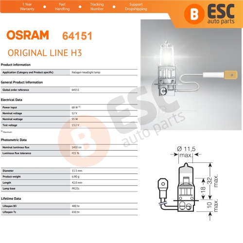 10 Pieces OSRAM ORIGINAL 64151 H3 12V 55W PK22s Halogen Bulb for Fog Trailer Off-Road Headlight Lamp