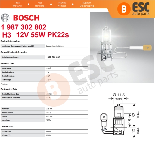 10 Pieces BOSCH ECO 1 987 302 802 H3 12V 55W PK22s H3 Halogen Bulb for Fog Trailer Off-Road Headlight Lamp