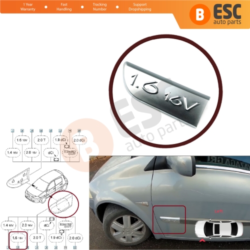 Chrome 1.6 16V Badge Emblem 8200209130 Left For Renault Megane MK2 Scenic MK2