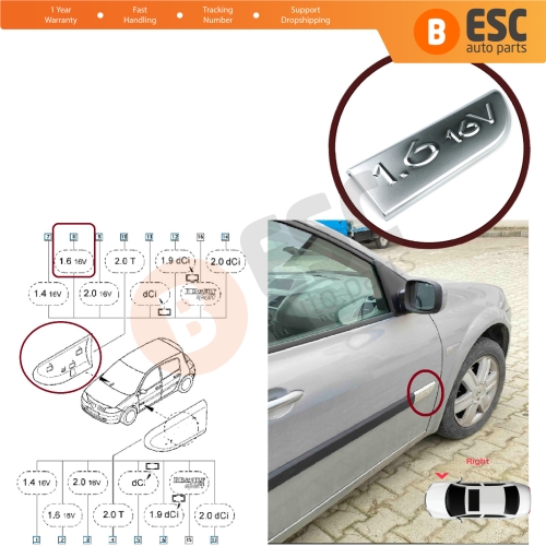 Chrome 1.6 16V Badge Emblem 8200209130 Right For Renault Megane MK2 Scenic MK2