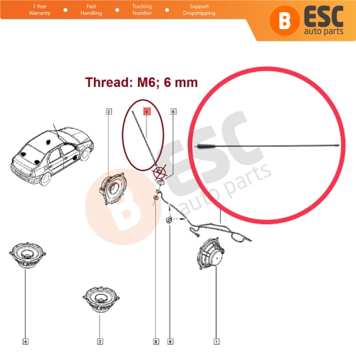 Roof Aerial Mast AM FM Radio Antenna Rod M6 6 mm For Renault Dacia Logan Duster Sandero 19 Clio Master Megane Scenic Symbol Thalia Trafic Lada Largus 7700773864 