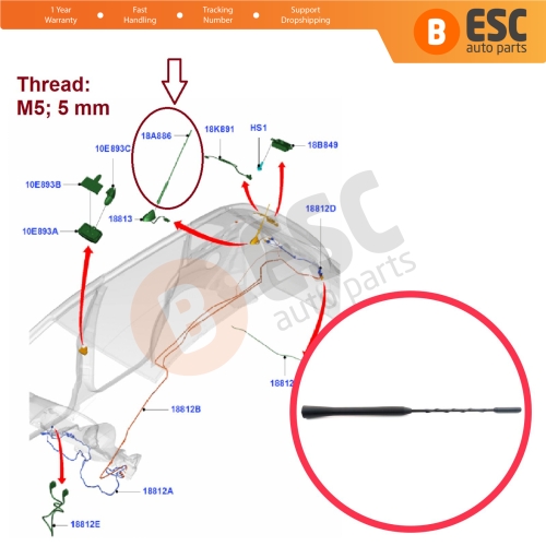 Roof Aerial Mast AM FM Radio Antenna Rod M5 275 mm For Ford Focus 3 C-Max 2 Kuga Escape Explorer Fiesta Flex Fusion Lincoln MKT 1885687    