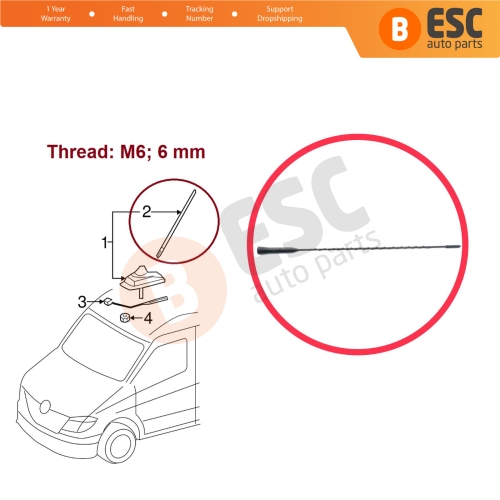 Roof Aerial Mast AM FM Radio Antenna Rod M6 6 mm For Mercedes Sprinter 906 VW Crafter MK1 30-35 2E 2F 9068200475