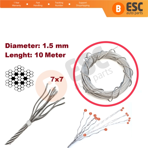 10 meter Window Regulator Repair Cable Steel Wire Rope 7x7 Diameter: 1.5 mm for Car Window Regulator