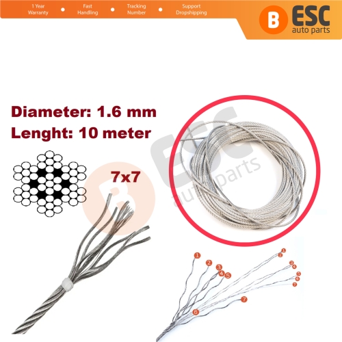 10 meter Window Regulator Repair Cable Steel Wire Rope 7x7 Diameter: 1.6 mm for Car Window Regulator