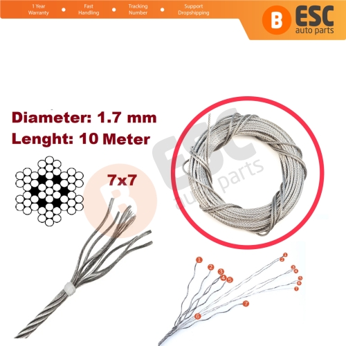 10 meter Window Regulator Repair Cable Steel Wire Rope 7x7 Diameter: 1.7 mm for Car Window Regulator